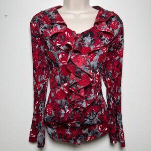 Women Button Front Western Top Large Blouse Red Floral Flare Boho Whimsigoth